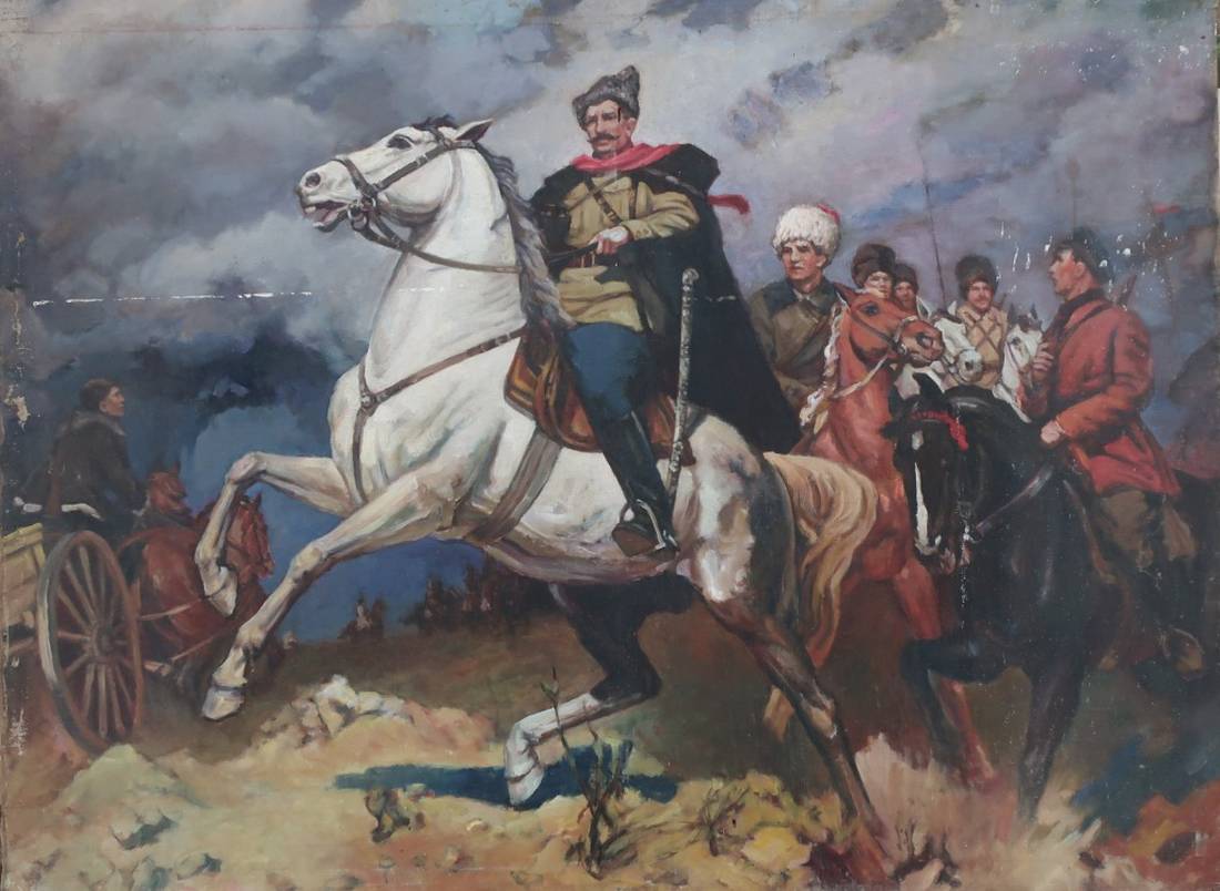 Oil painting Chapaev: mounted officer on white horse with cavalry