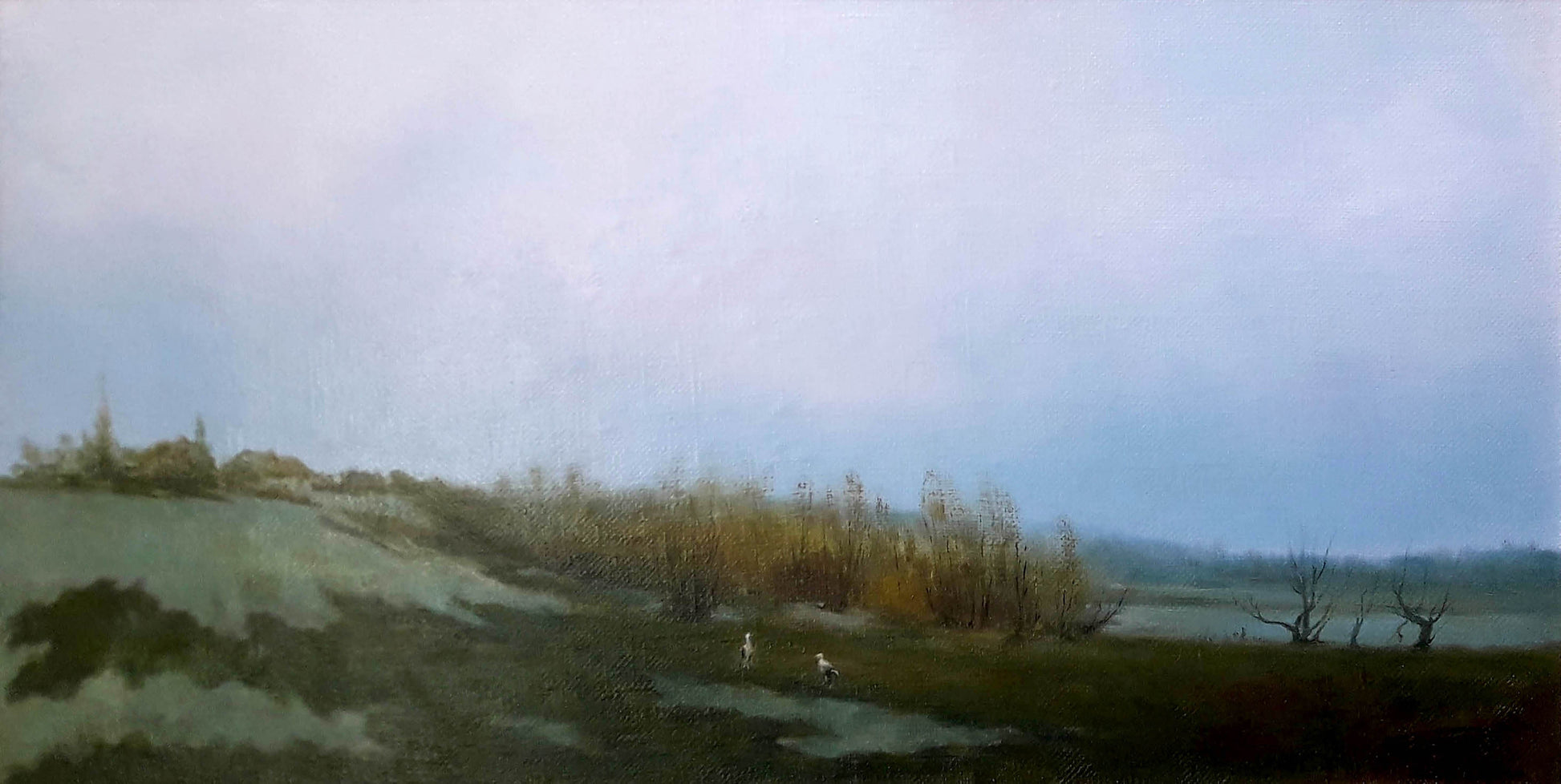 Oil painting The storks have arrived by Korkishko Vasily hazy landscape