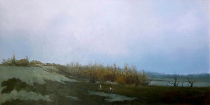 Oil painting The storks have arrived by Korkishko Vasily hazy landscape