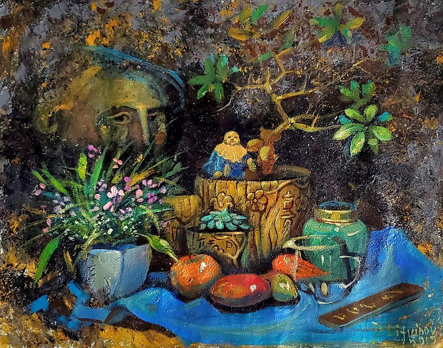 Oil painting of blue ceramic pot with pink flowers by Litvinov Daniil Olegovich