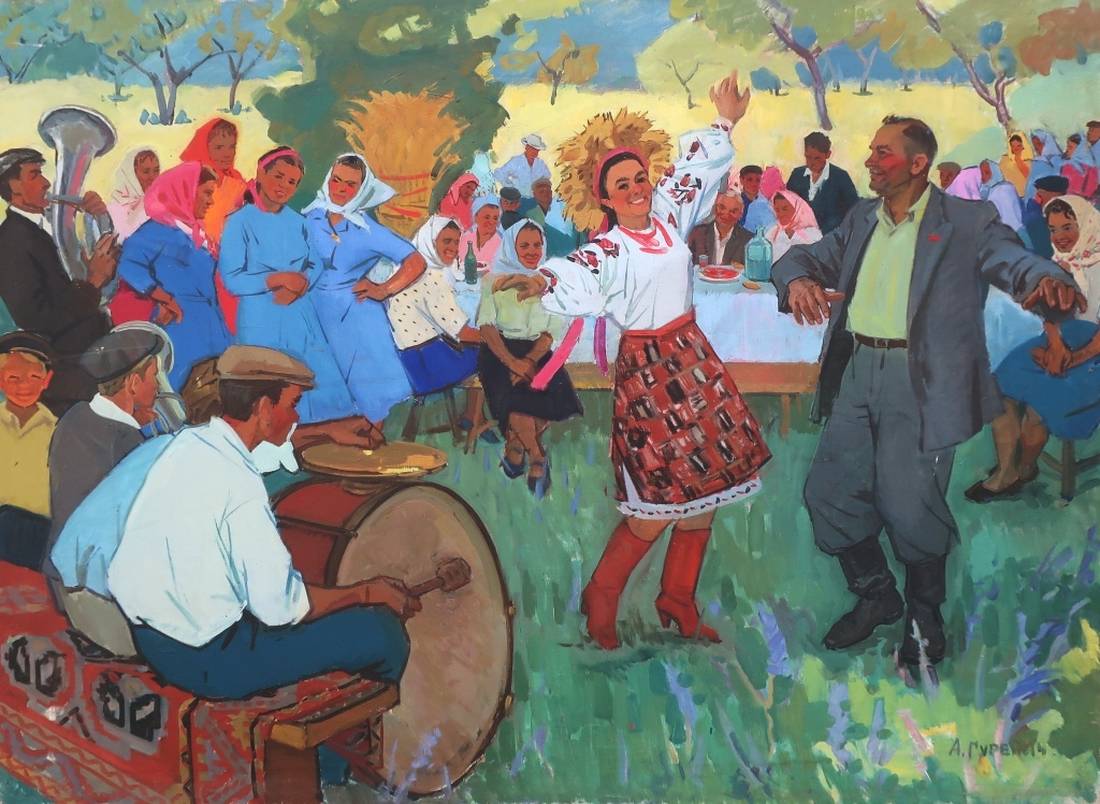 Oil painting Harvest Festival Gurevich A.M.: woman in white blouse and red skirt dances