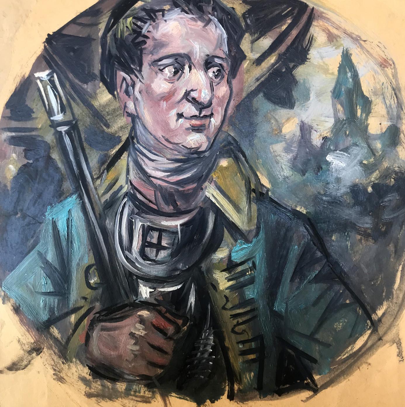Stylized oil painting portrait of soldier in overcoat by Alexander Litvinov