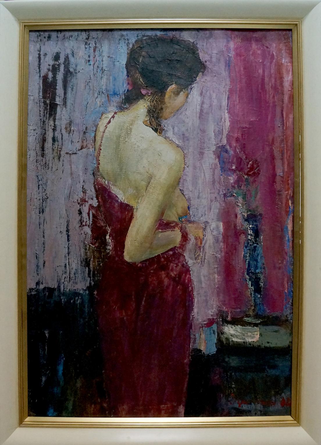 Oil painting portrait of girl by Sergey Reznichenko, back view in red dress