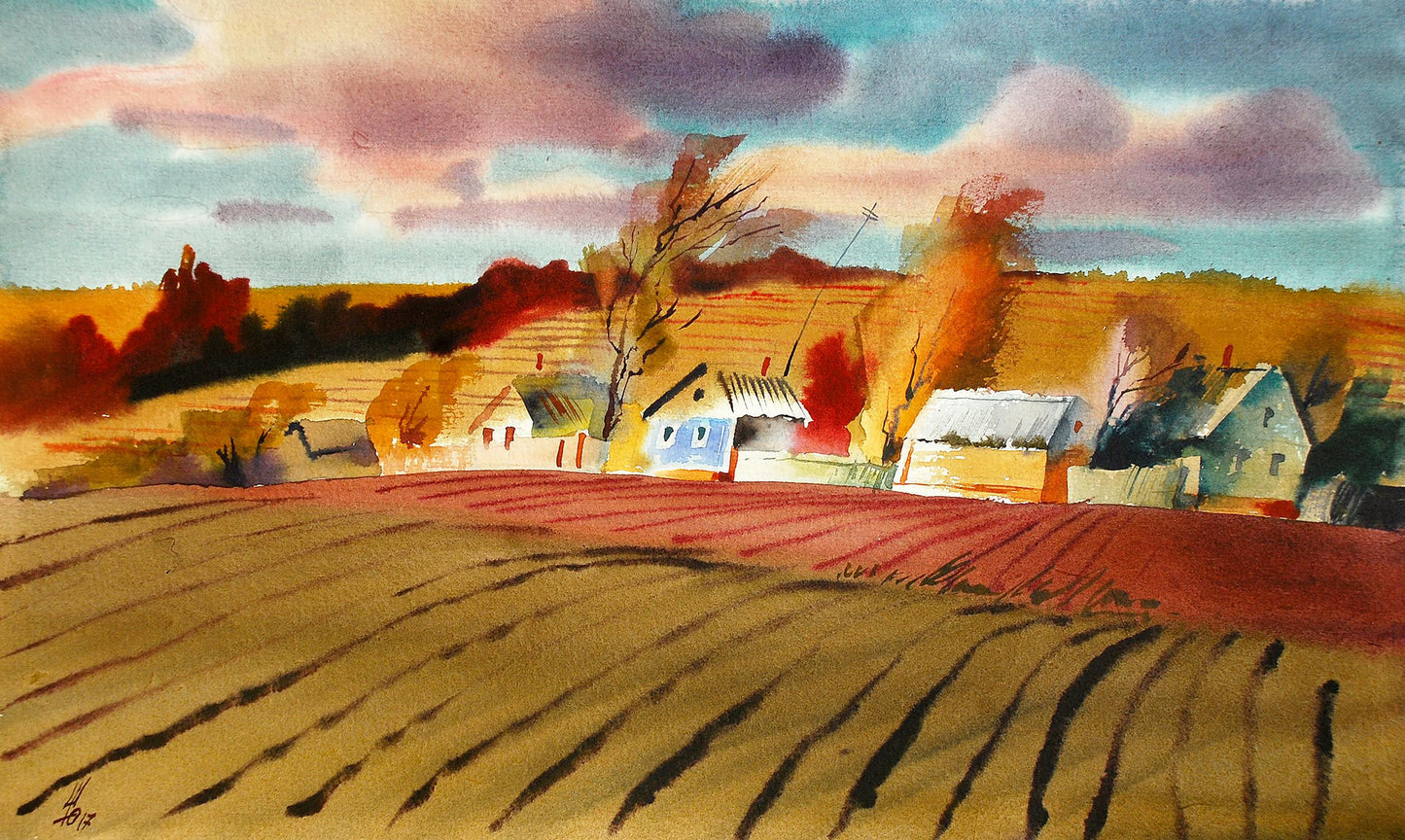 Watercolor painting October by Egor Shvachunov rural autumn landscape