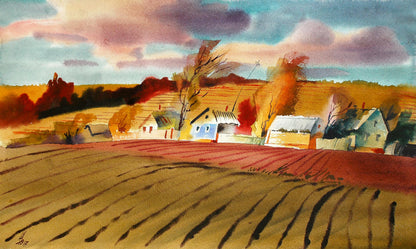 Watercolor painting October by Egor Shvachunov rural autumn landscape