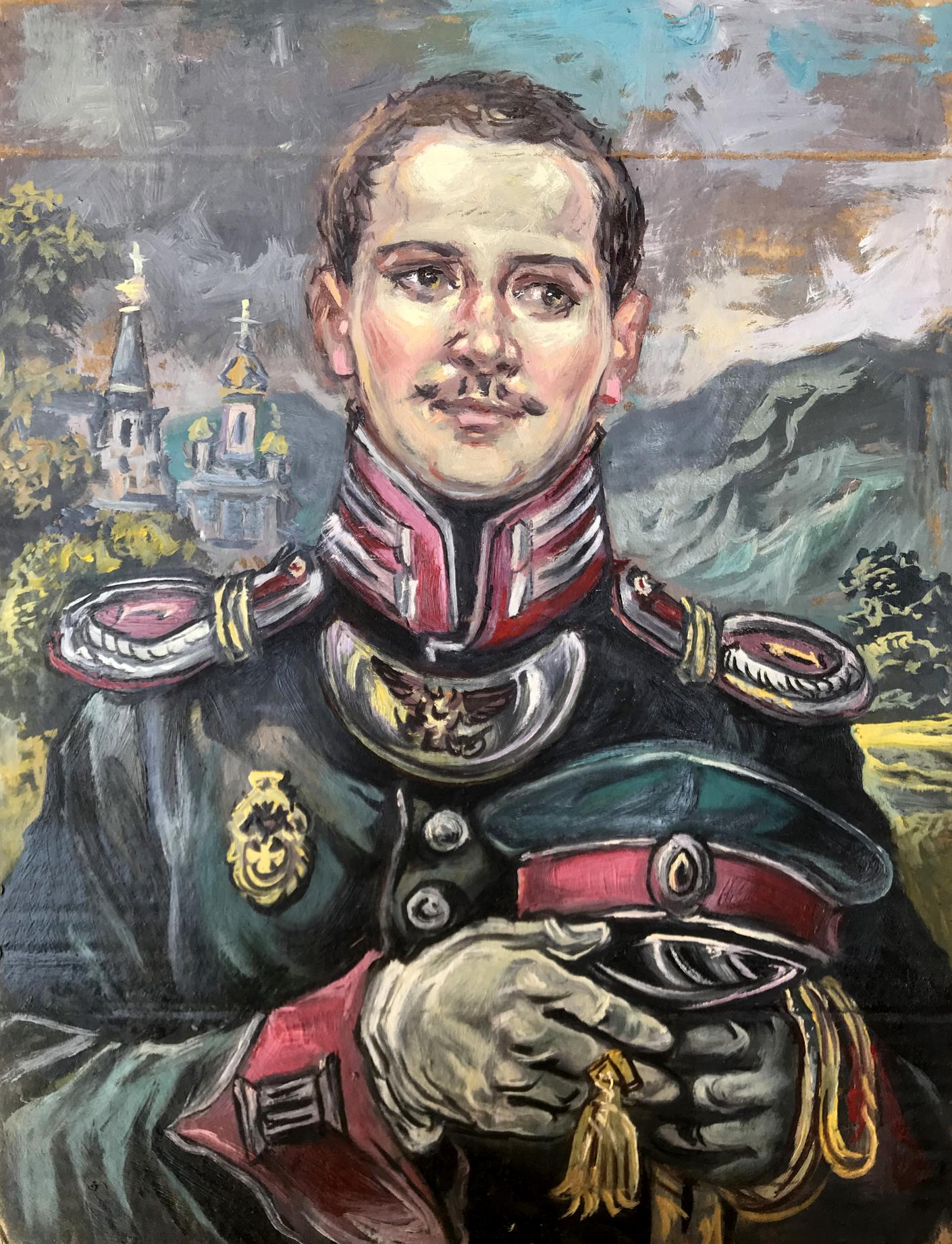 Oil painting of pensive officer Alexander Litvinov in ornate red gold uniform