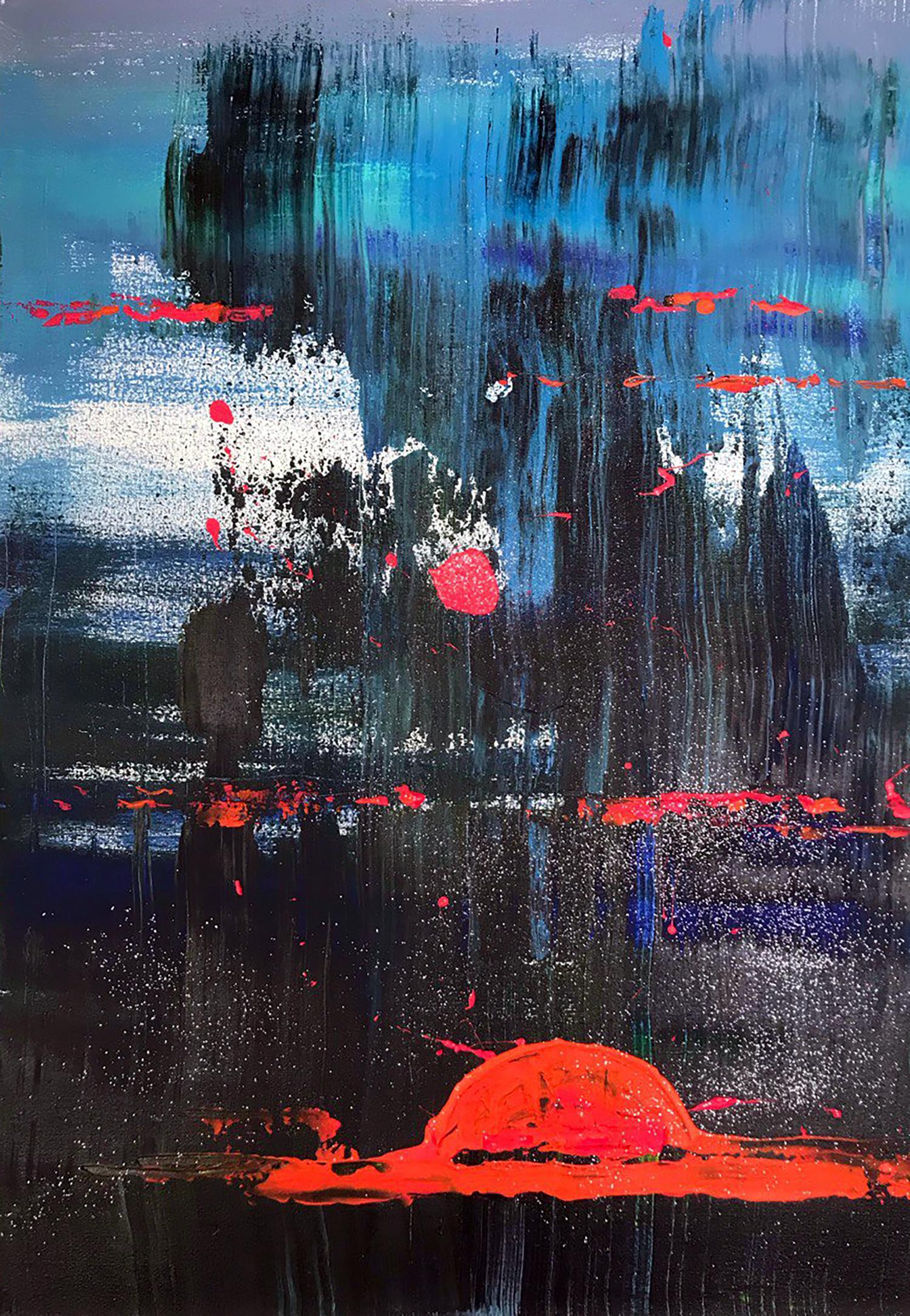 Acrylic painting Magic Night by Melezhik Olga, bold blue black strokes red splatters