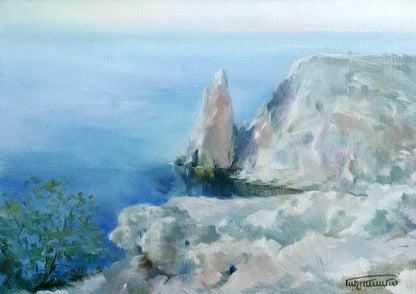 Oil painting by Korkishko Vasily: impressionistic coastal scene with white rock formations in blue sea