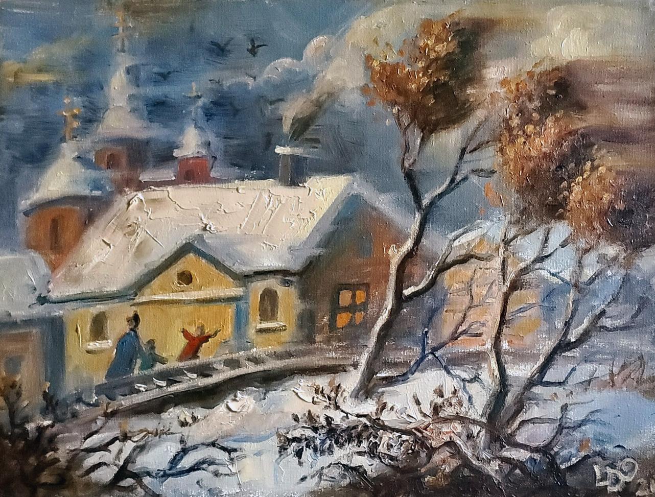 Impressionistic snowy village oil painting by Litvinov Daniil Olegovich