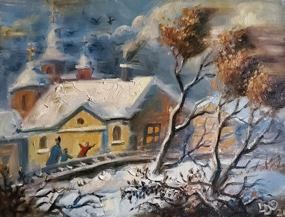Impressionistic snowy village oil painting by Litvinov Daniil Olegovich