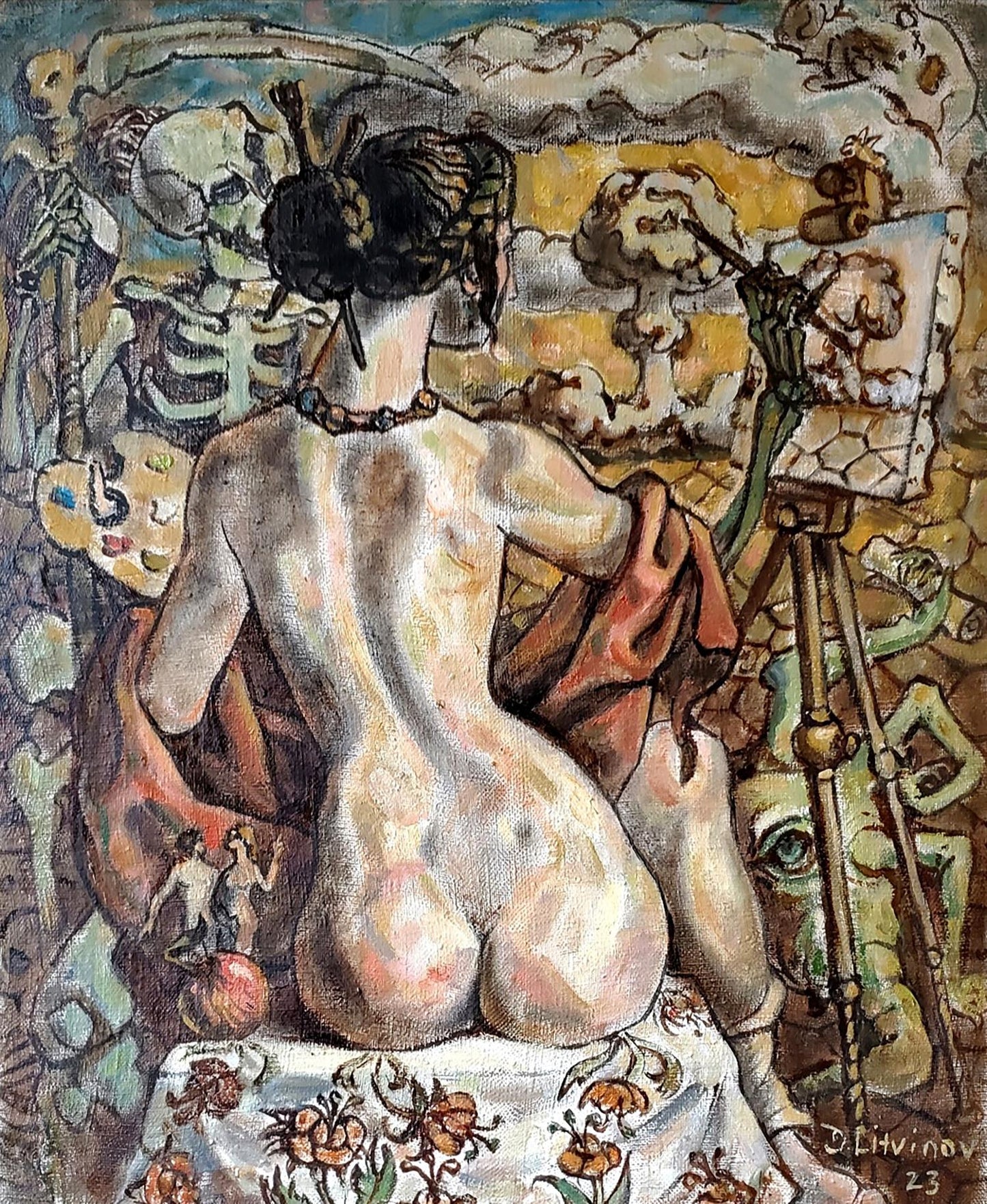 Surreal oil painting by Litvinov Daniil Olegovich: nude woman at easel with skeletons