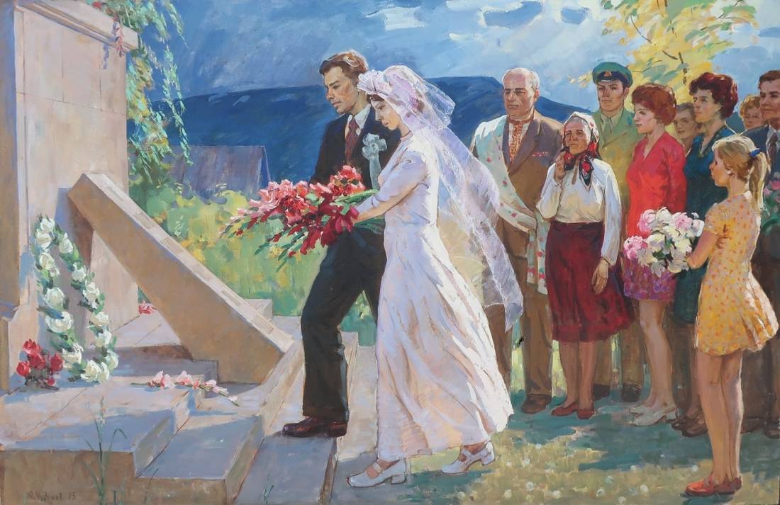 White wedding gown with veil and lace in Chudinov Yu oil painting