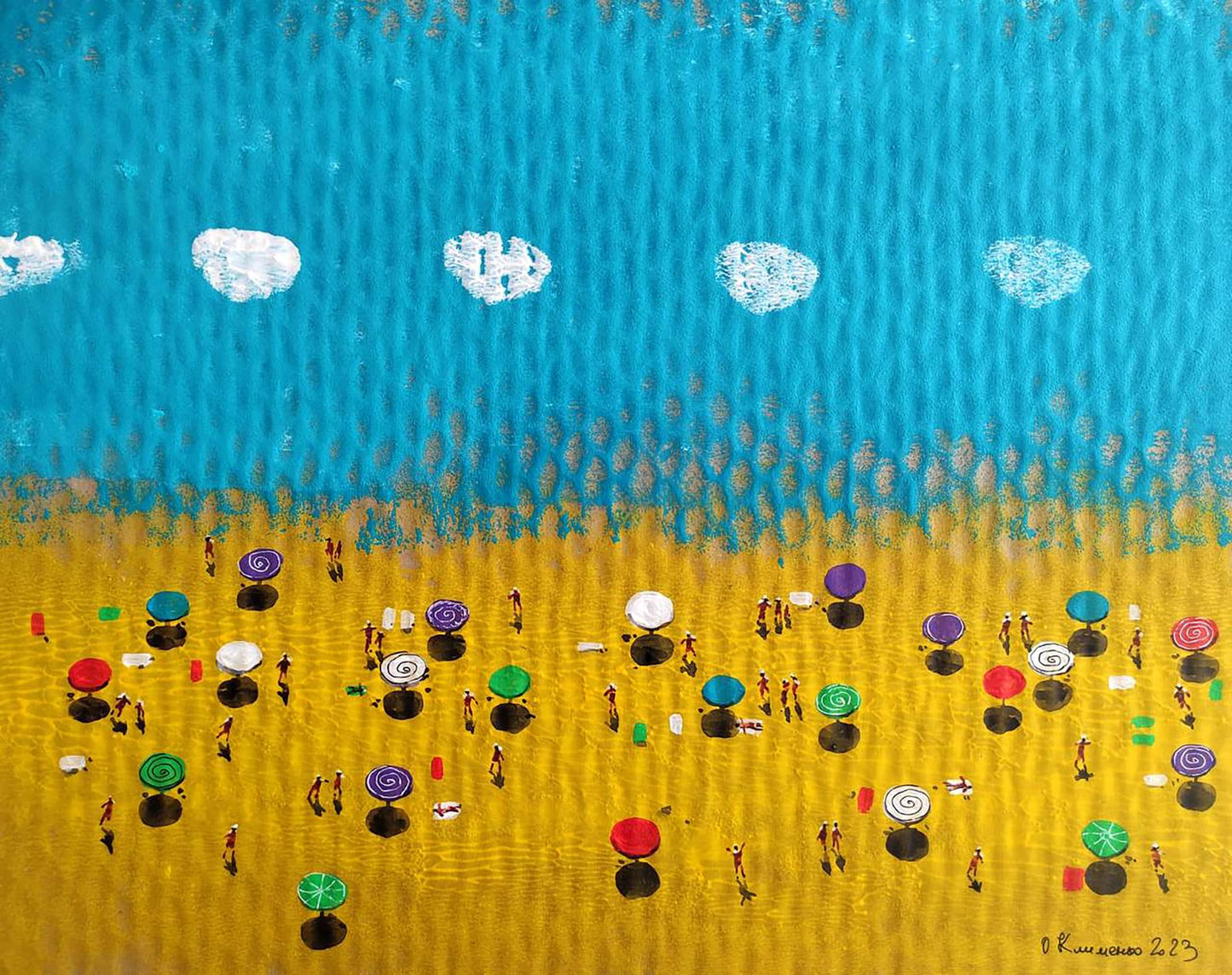 Vibrant turquoise and golden beach by Elena Klimenko acrylic painting