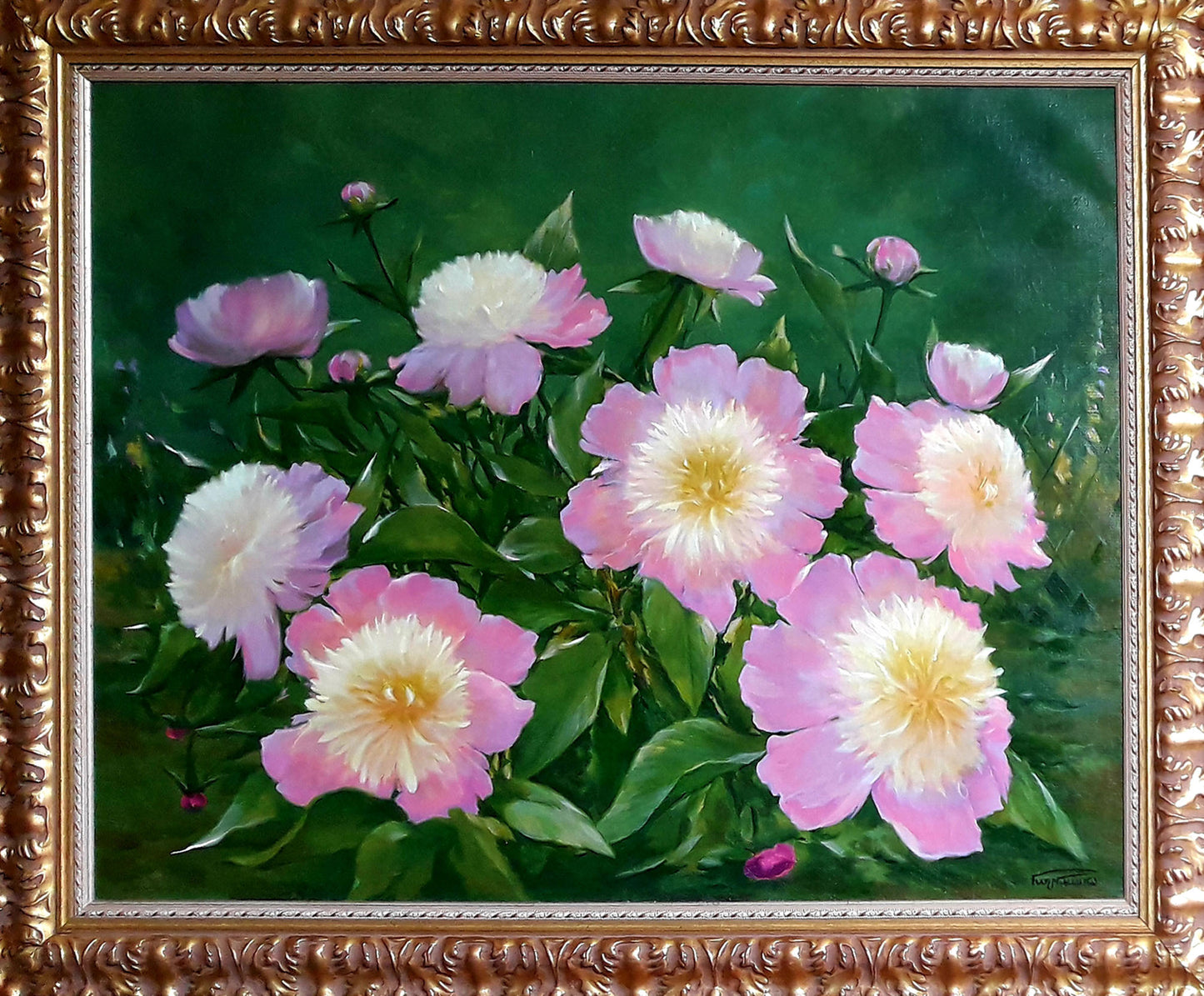 Framed oil painting of pink white peonies by Korkishko Vasily