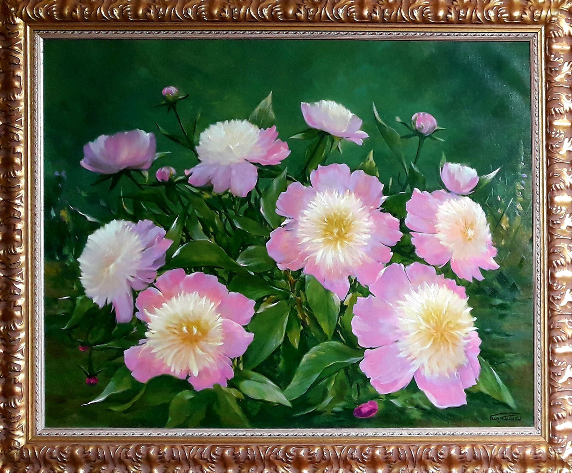 Framed oil painting of pink white peonies by Korkishko Vasily