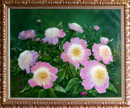 Framed oil painting of pink white peonies by Korkishko Vasily