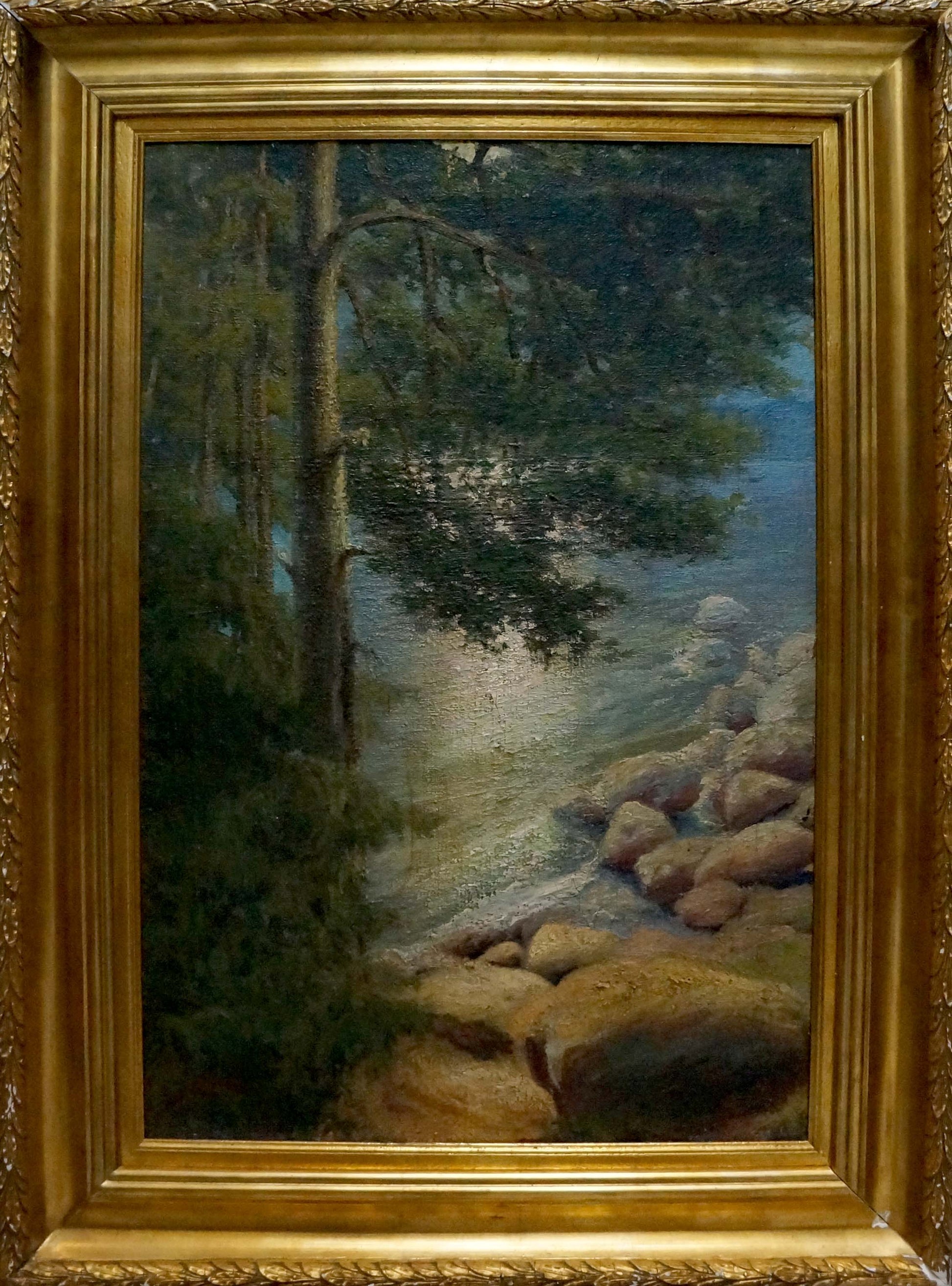 Oil painting of serene forest stream by Sabadysh Petr Evlampievich in ornate gold frame