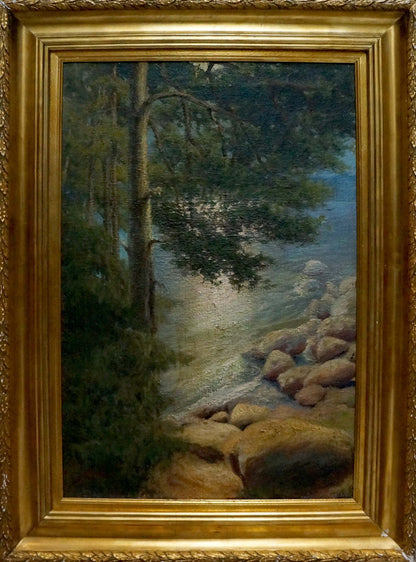 Oil painting of serene forest stream by Sabadysh Petr Evlampievich in ornate gold frame