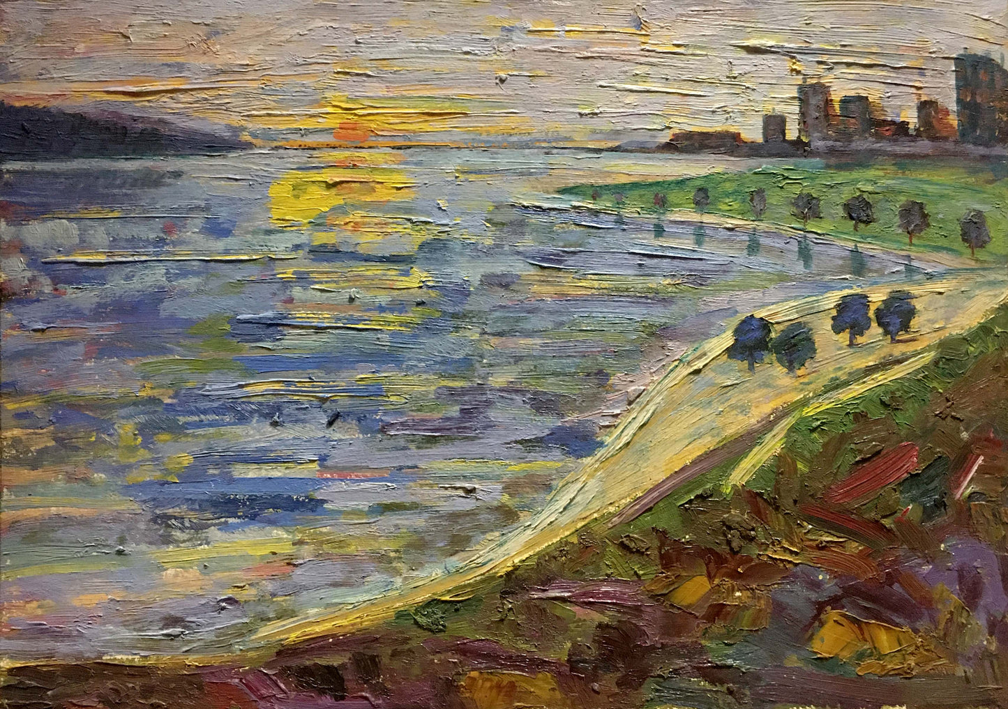 Impressionistic Oil Painting Morning Les T. S. vibrant sunset over water