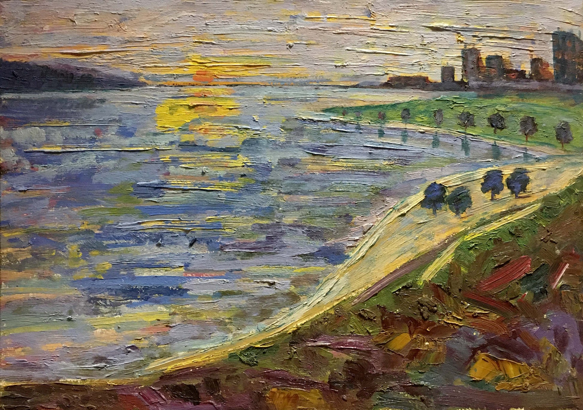 Impressionistic Oil Painting Morning Les T. S. vibrant sunset over water