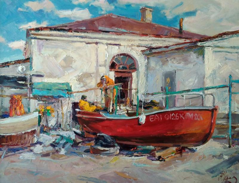 Oil painting Fishermen's yard Alexander Nikolaevich Cherednichenko