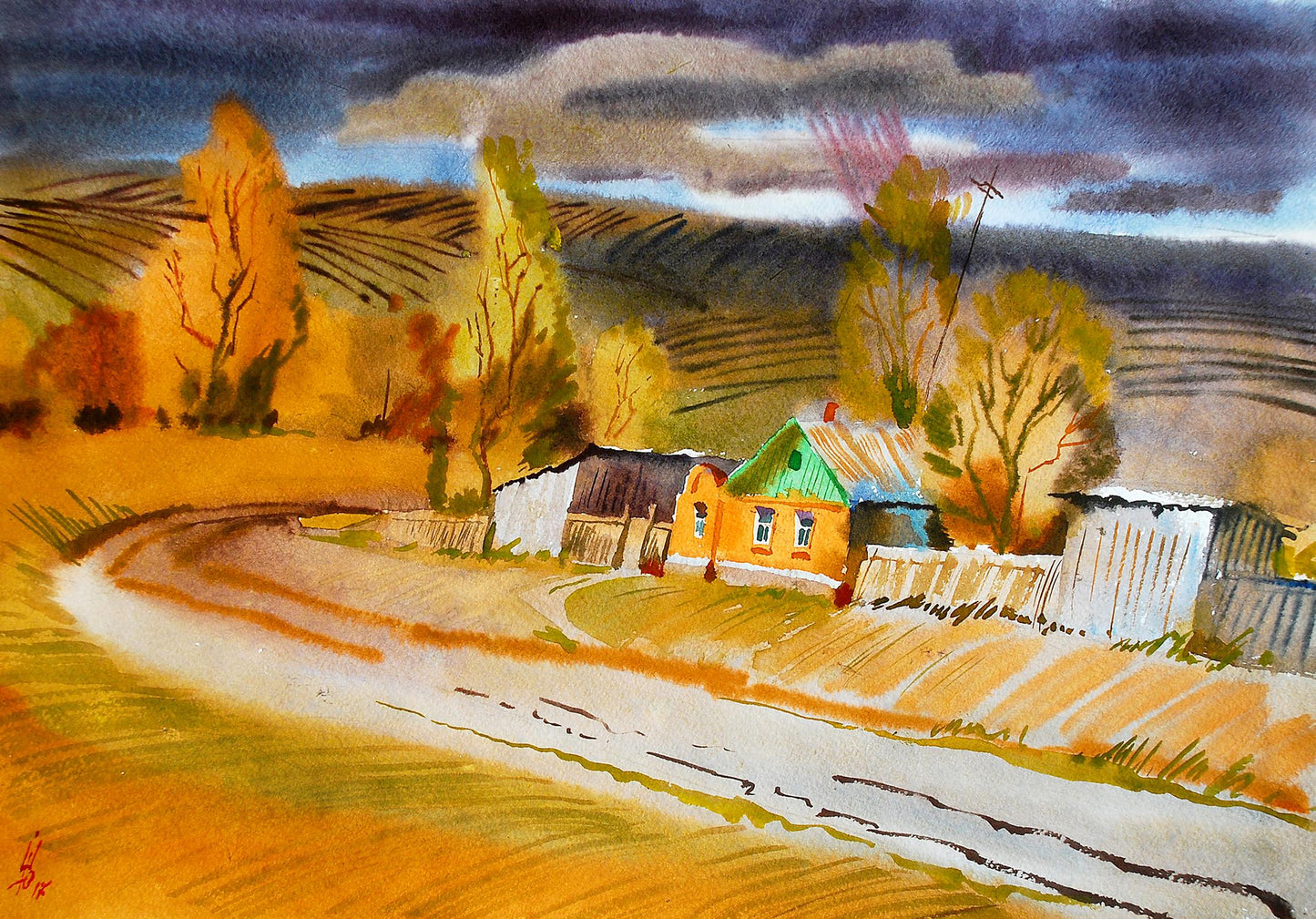 Watercolor painting On the Outskirts by Egor Shvachunov: orange house, autumn hills
