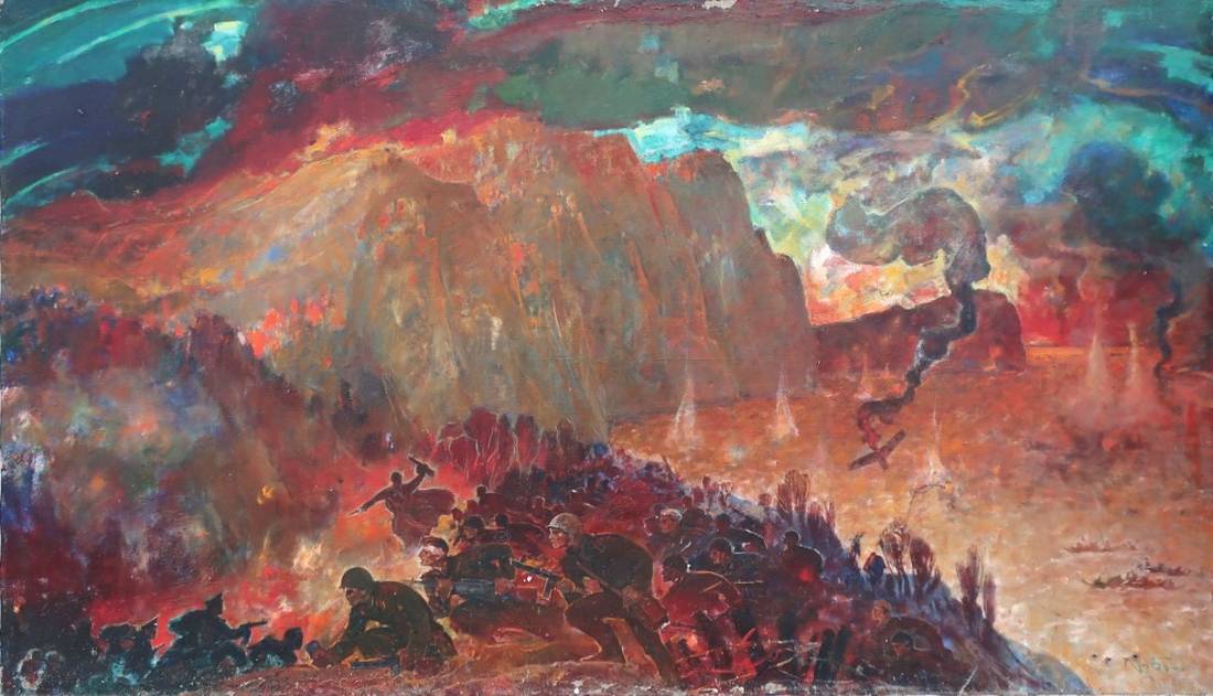 Oil painting The feat of the people in WWII by Bonya G.V., soldiers in fiery battlefield