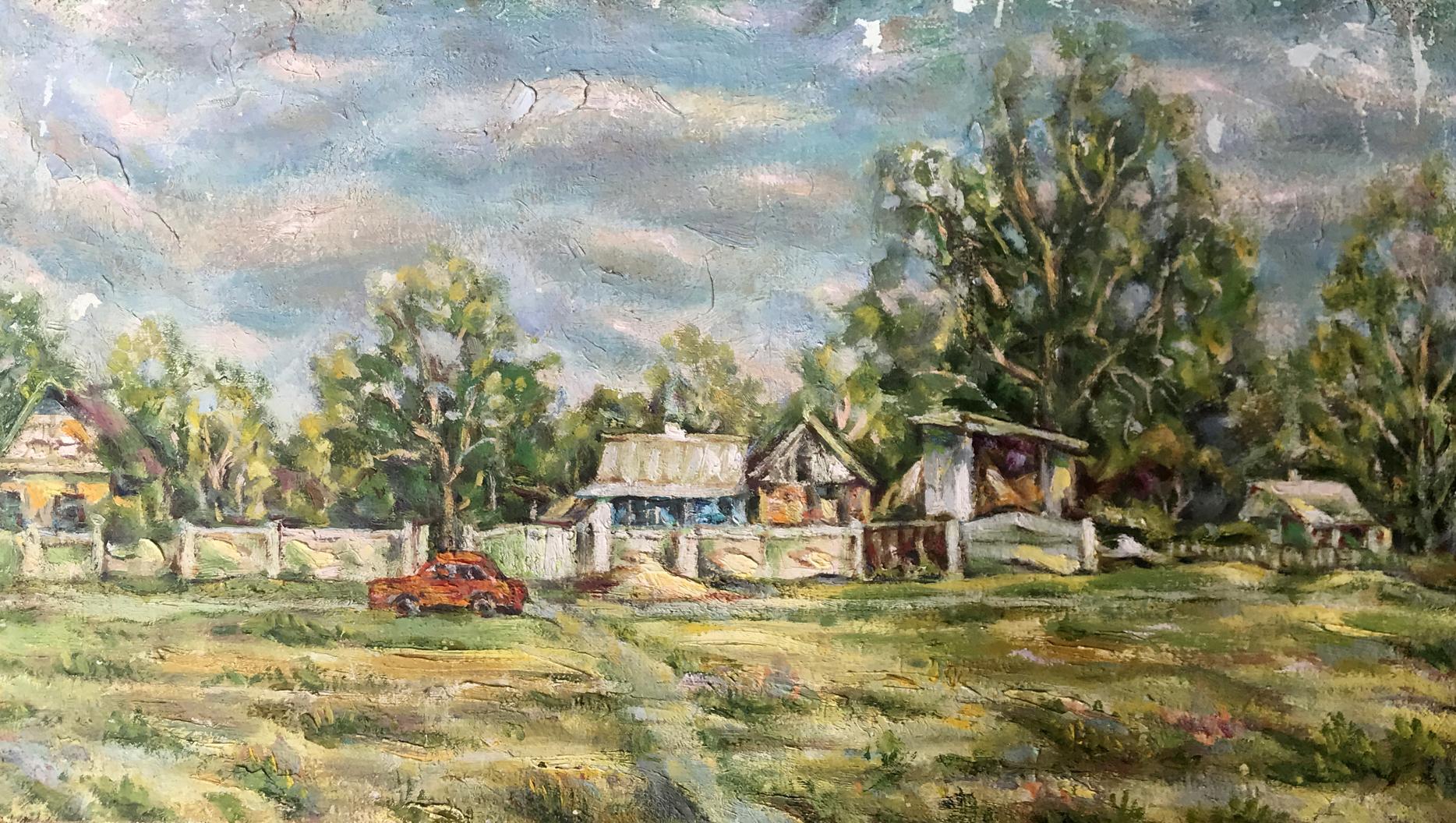 Oil painting Red car in the village Ivan Shapoval
