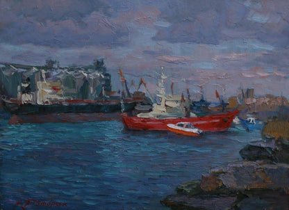 Vibrant red fishing boat with white trim by Sergiy Pivtorak oil painting