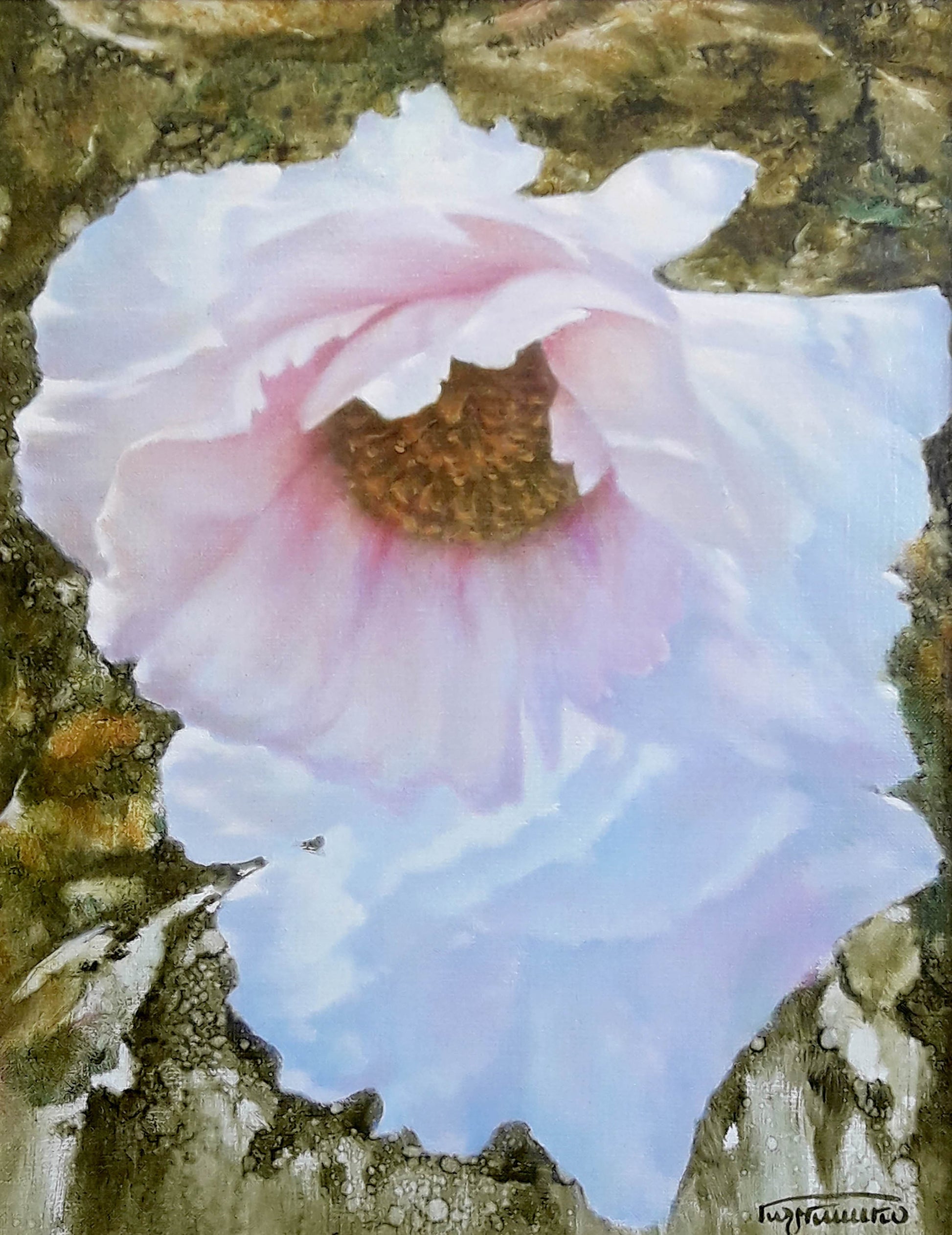 Impressionistic oil painting of delicate pink tree peony by Korkishko Vasily