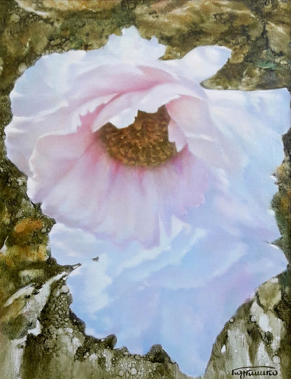 Impressionistic oil painting of delicate pink tree peony by Korkishko Vasily