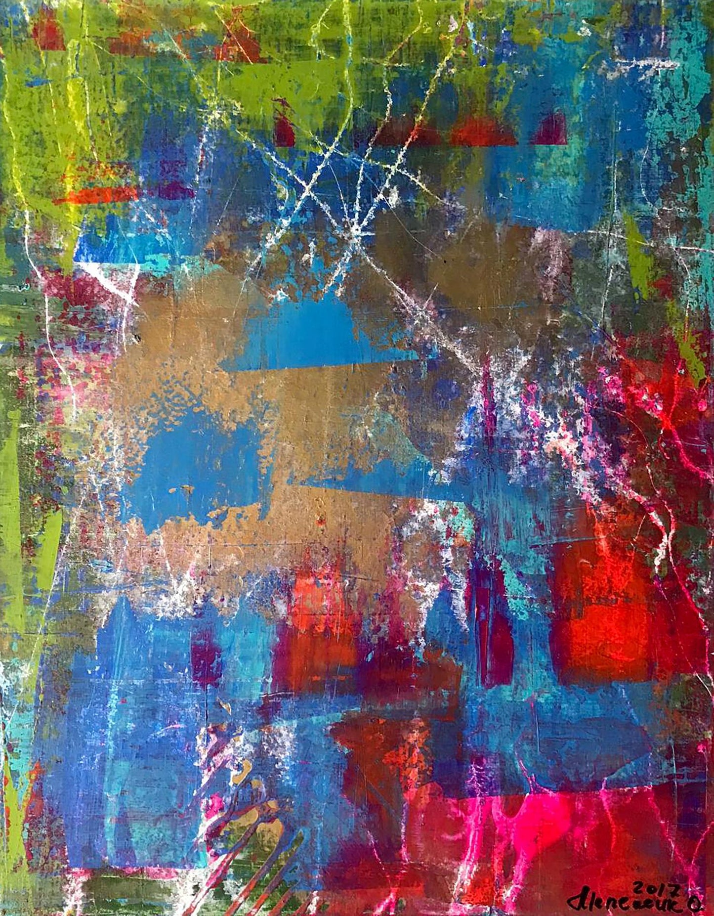 Vibrant acrylic painting Start Melezhik Olga with bold blue green red gold strokes