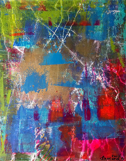 Vibrant acrylic painting Start Melezhik Olga with bold blue green red gold strokes