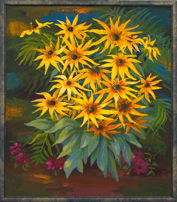 Vibrant yellow black-eyed susan acrylic painting by Rudbeckia Yushkov Svatoslav