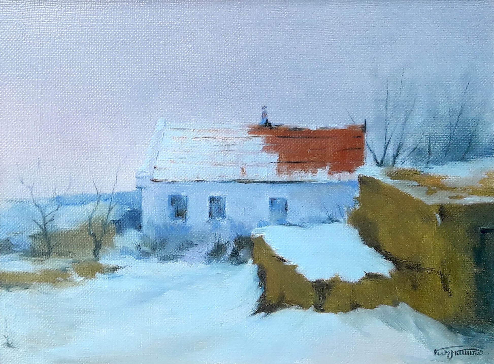 Oil painting of snowy house with red roof by Vasily Korkishko