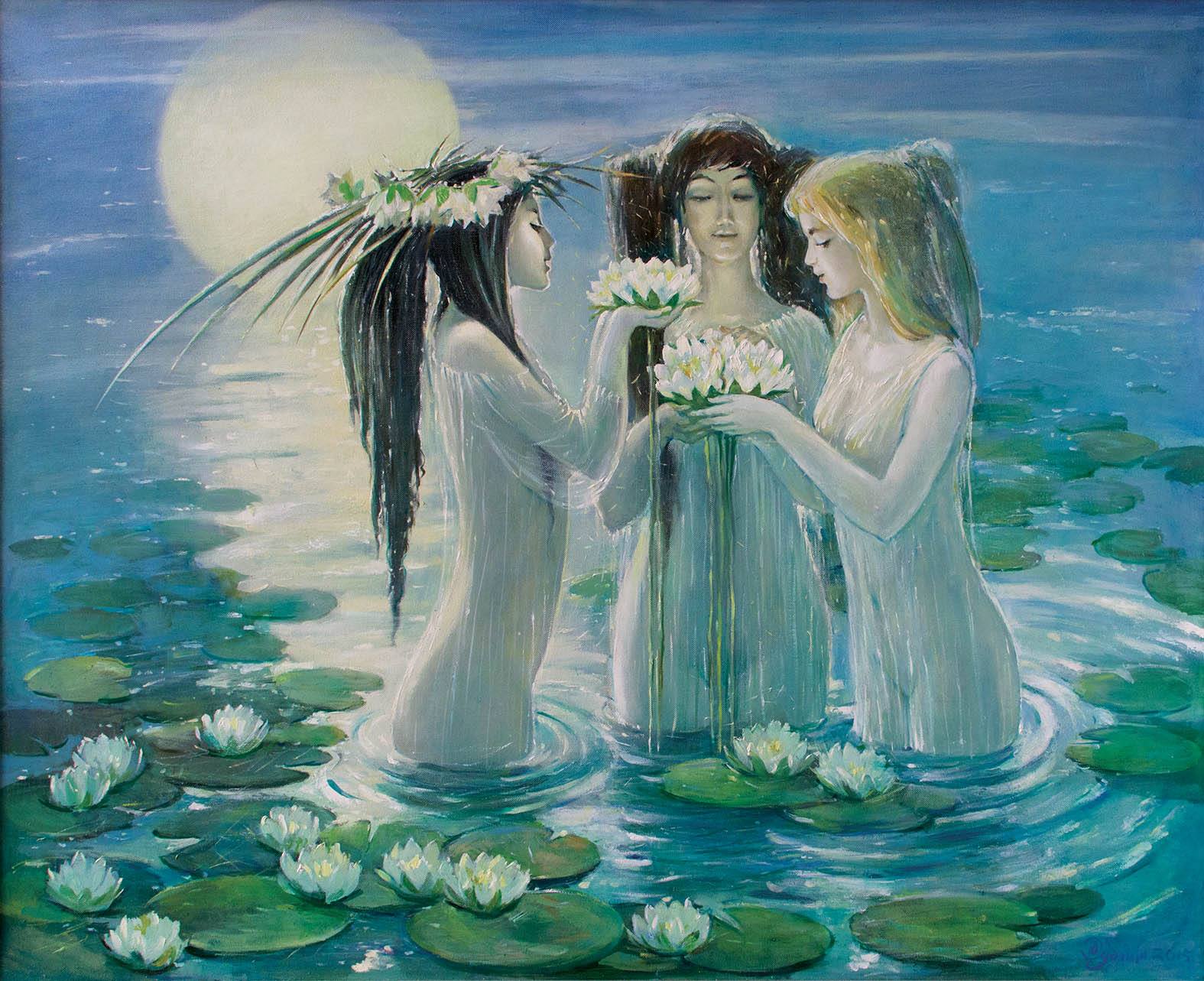 Oil painting of three ethereal mermaids in pale blue gowns in moonlit pond by Dubinin Yurii