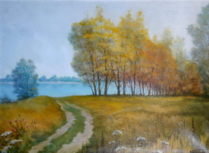 Oil painting Autumn Korkishko Vasily: path through golden grass, fall foliage
