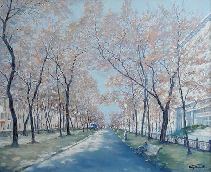 Serene impressionistic oil painting of Yavornytsky Avenue by Korkishko Vasily
