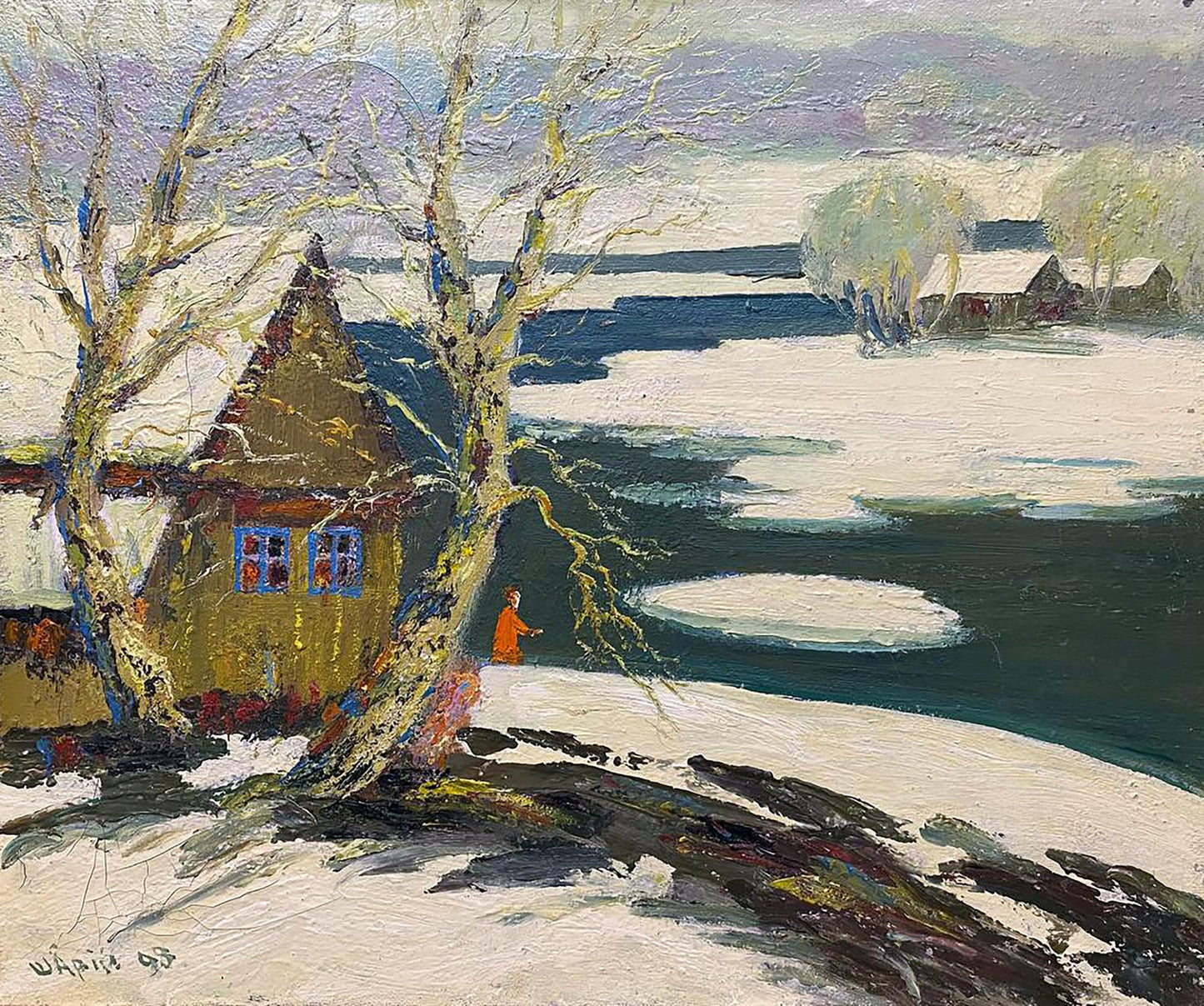 Oil painting of warmly lit yellow house in snowy landscape by Shariy Anatoly Ivanovich