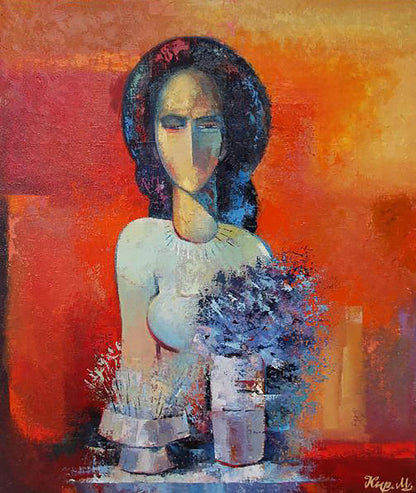 Oil painting Warm morning by Kirilenko Mikhail: woman with dark hair holding purple flower vases