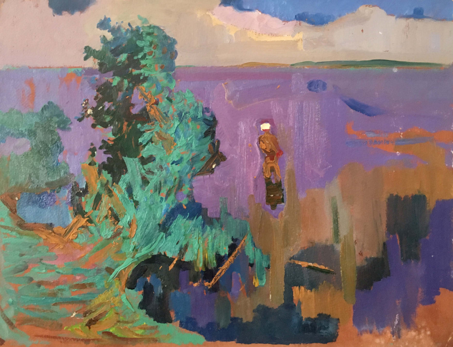 Abstract Mirage oil painting by Kiyansky Yuri Ivanovich, lone figure in purple landscape