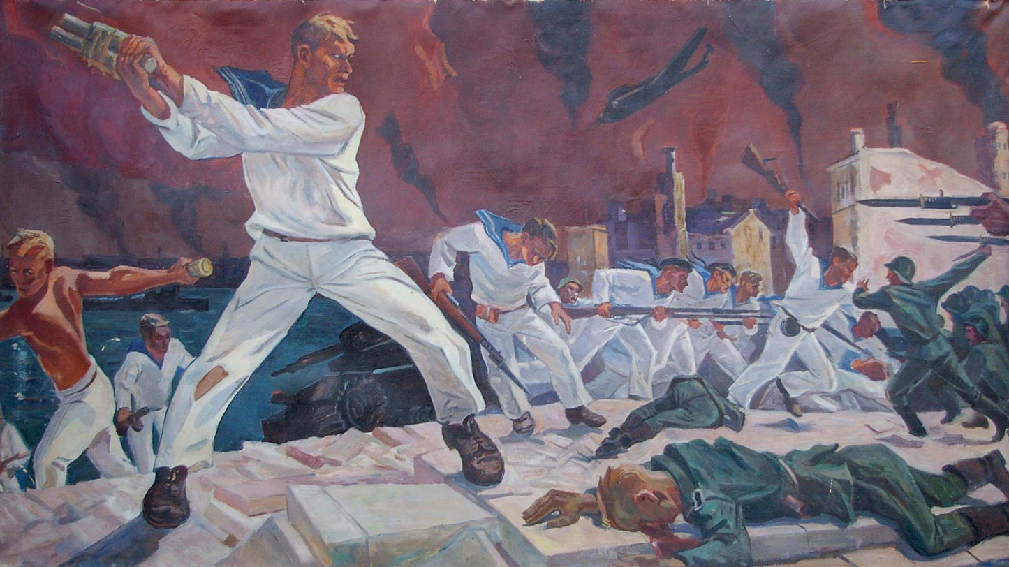 Oil painting of sailors in battle on war-torn dock by unknown artist