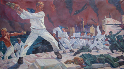 Oil painting of sailors in battle on war-torn dock by unknown artist