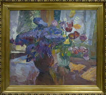 Vibrant impressionist oil painting of purple red tulips in brown green vases by Tkachenko Andrey Zinovievich