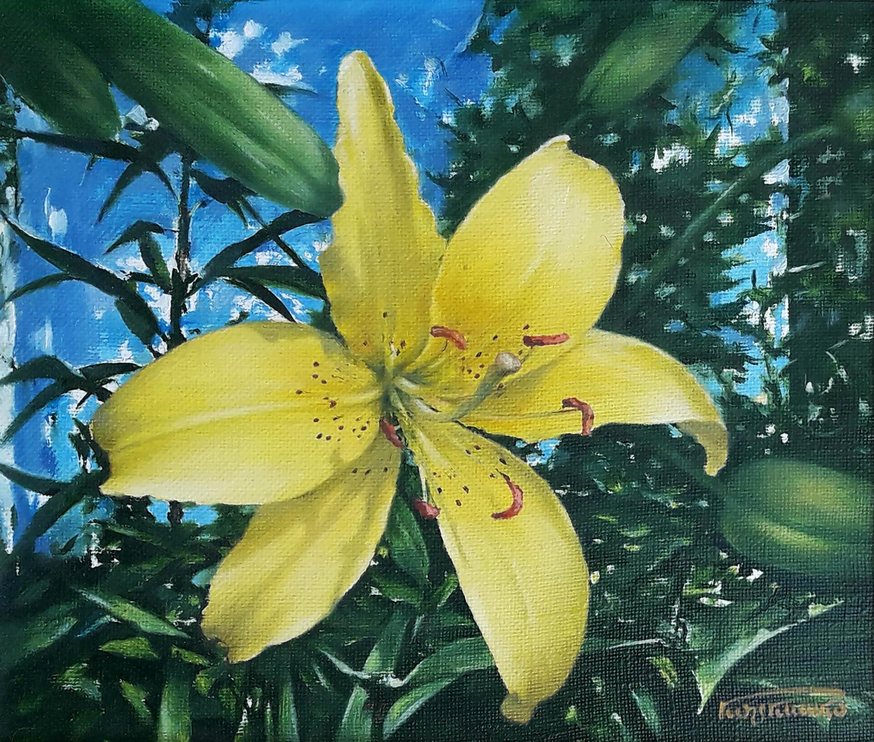 Vibrant yellow day-lily oil painting by Vasily Korkishko on canvas