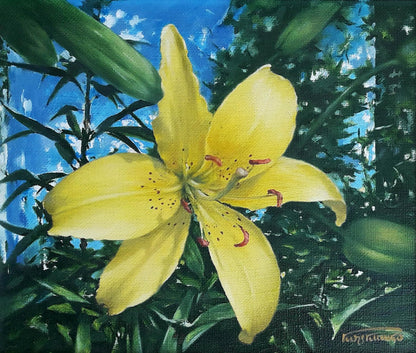 Vibrant yellow day-lily oil painting by Vasily Korkishko on canvas