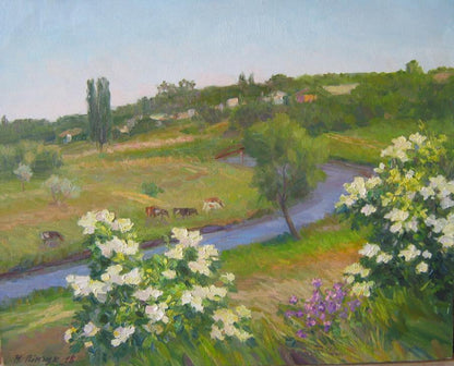 Vibrant Elderflower Pinchuk oil painting of lush pastoral landscape with river and flowers