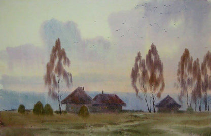 Watercolor painting Village outskirts Savenets Valery