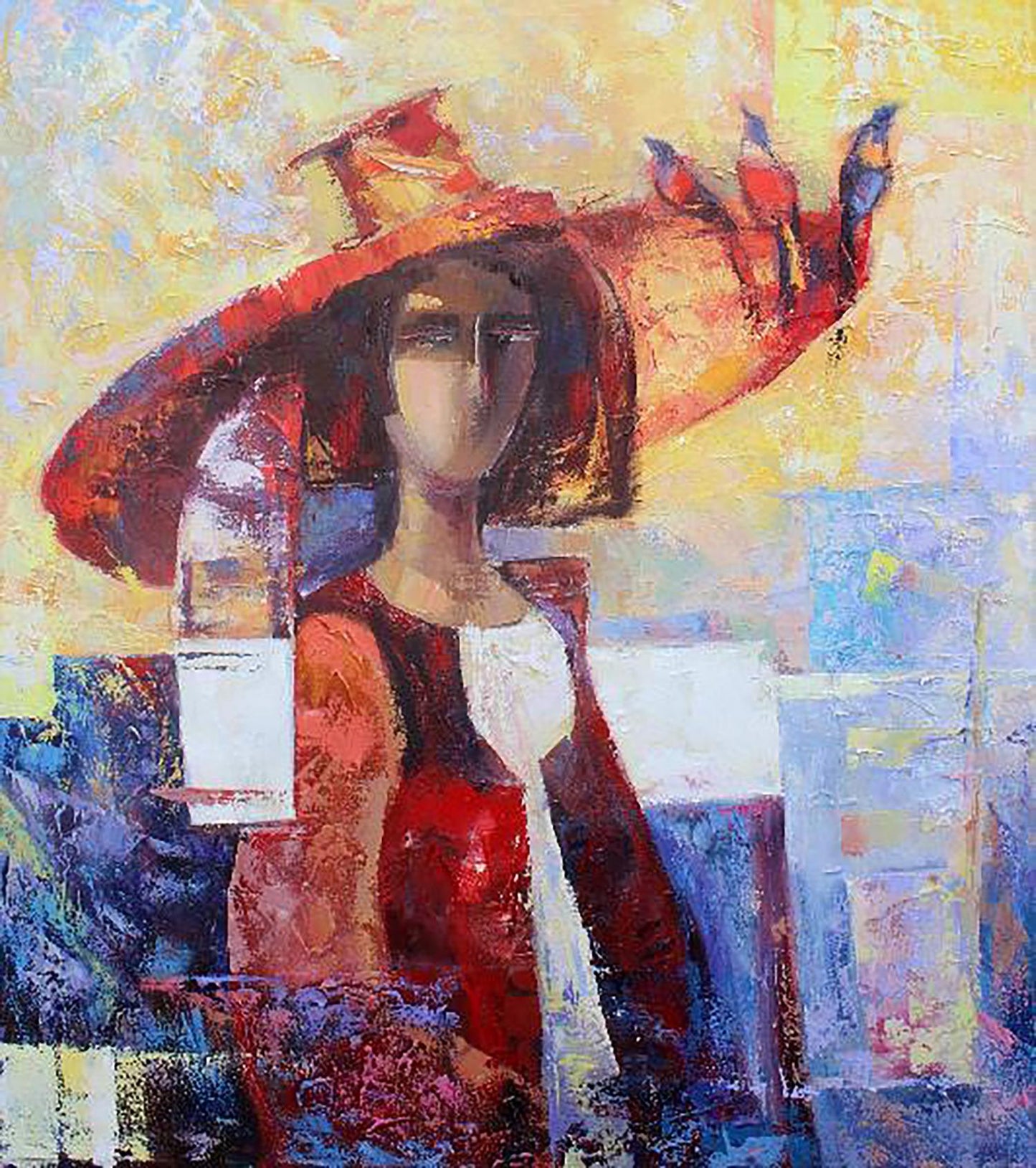 Oil painting Nightingales by Kirilenko Ivan: woman in red hat and dress