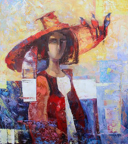 Oil painting Nightingales by Kirilenko Ivan: woman in red hat and dress